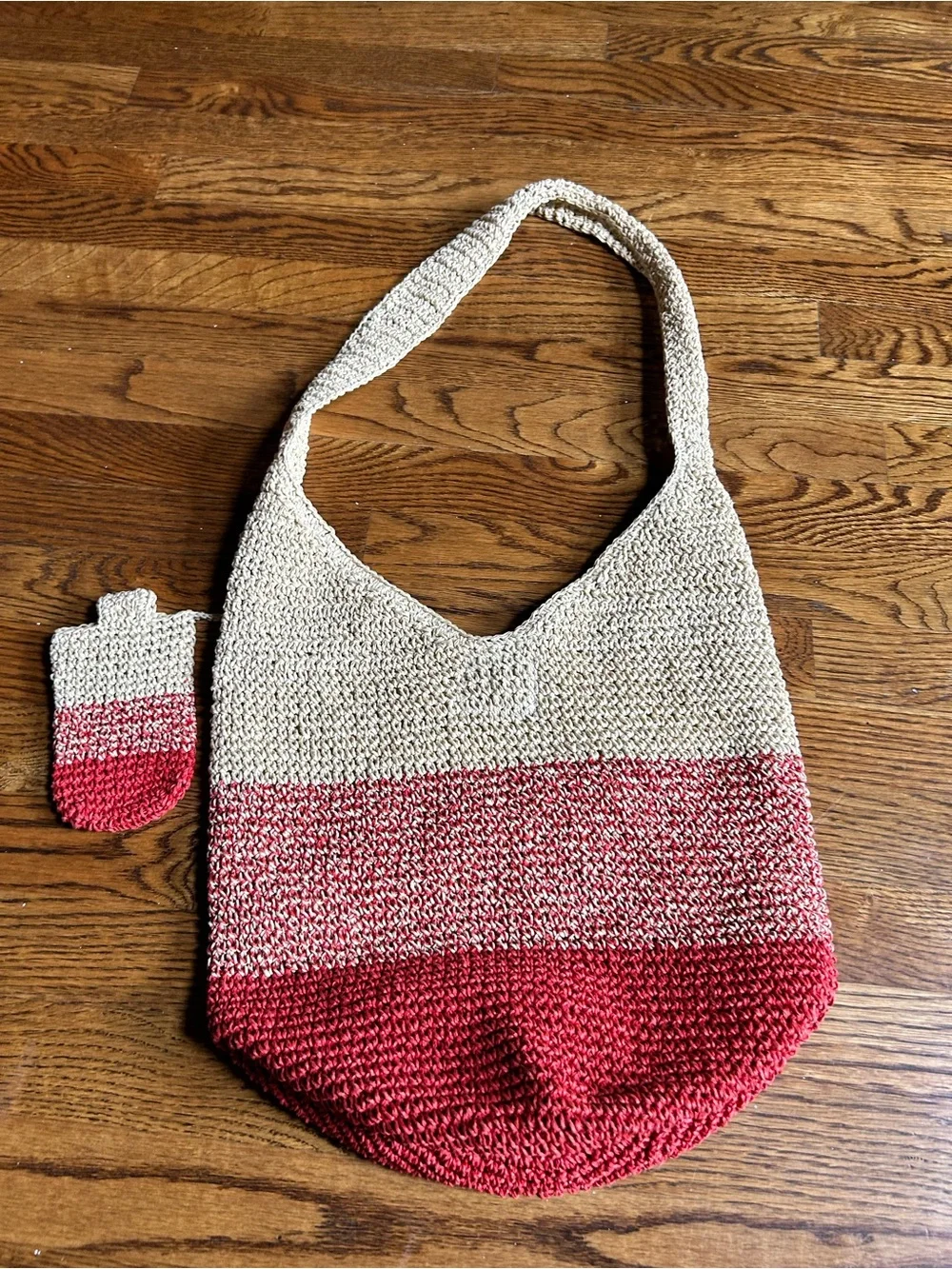 Handwoven Crochet Hobo Bag with Matching Attachable Pouch Beige & Red